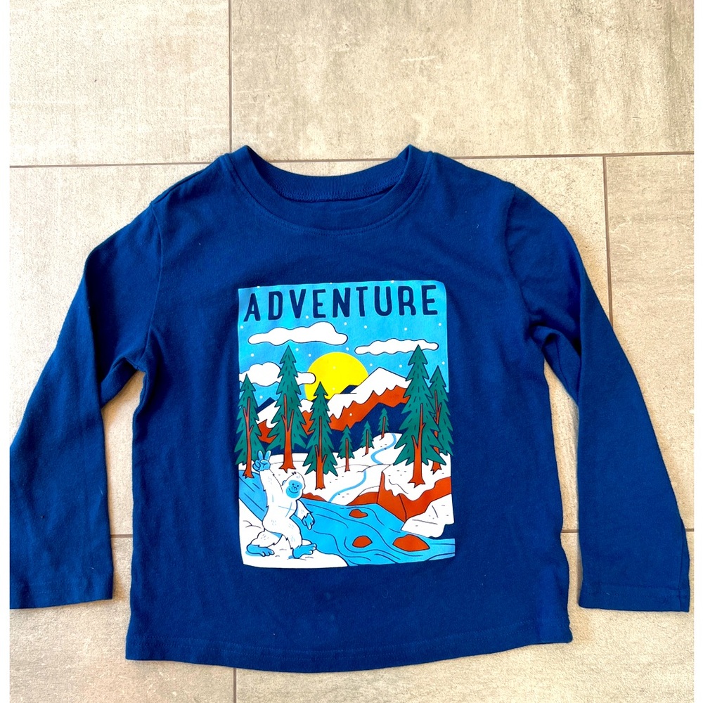 Kids “Adventure” tshirt, long sleeve blue w fun mountain & Bigfoot details! 4T